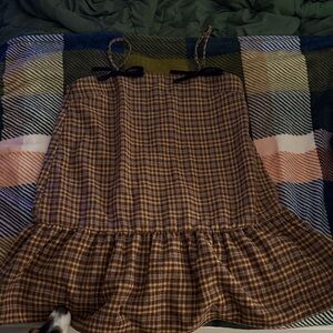Plaid Brown Dress with Bow Details